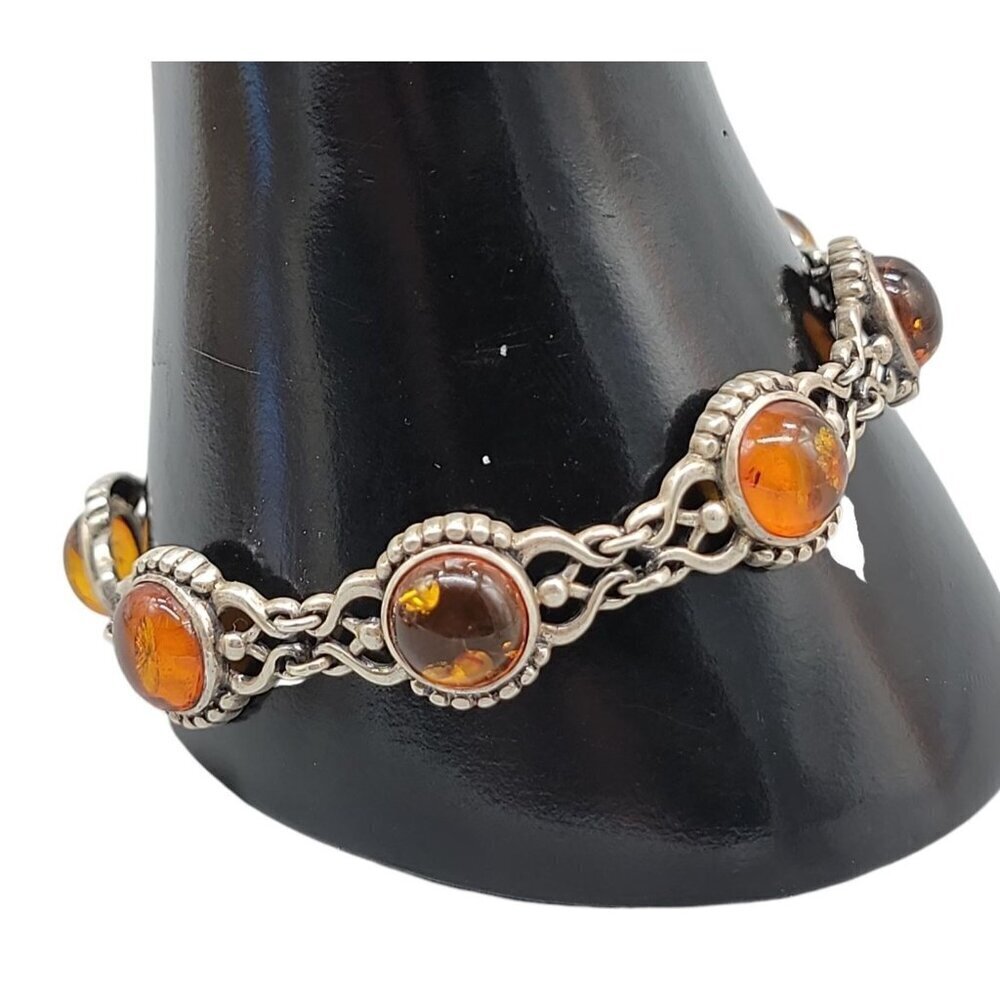 Valerio Sterling Silver Baltic Amber Tennis Bracelet 7.5" 925 Signed V8 Poland